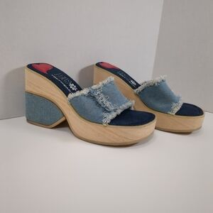 BC Footwear Women's Denim Fringe Platform Wedge Sandals , Size 6.5